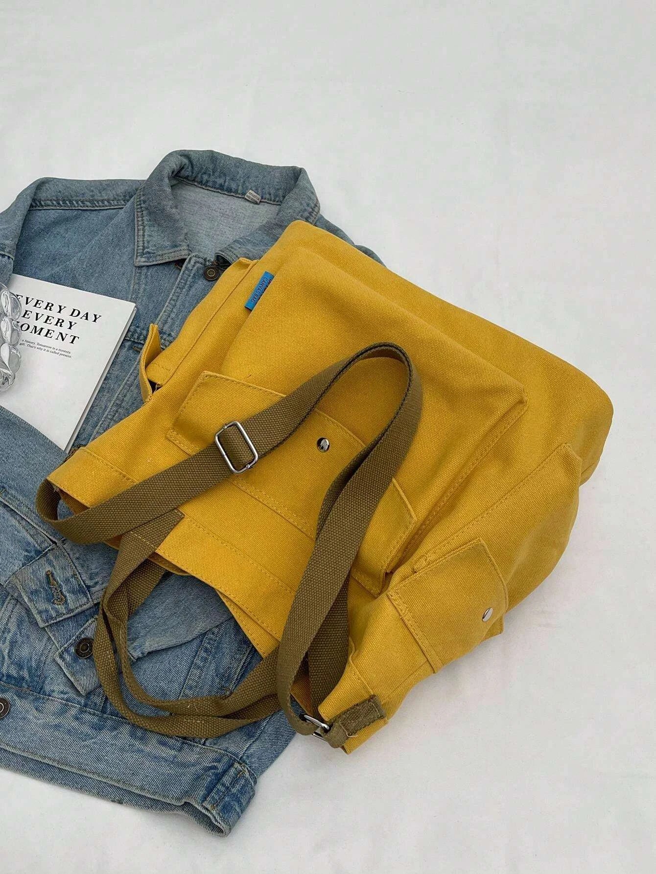 KYLETHOMASW  -  Canvas Solid Color Tote Bag, Large Capacity Multi-pocket Women's Shoulder Bag, College Style Middle School Student Crossbody Bag