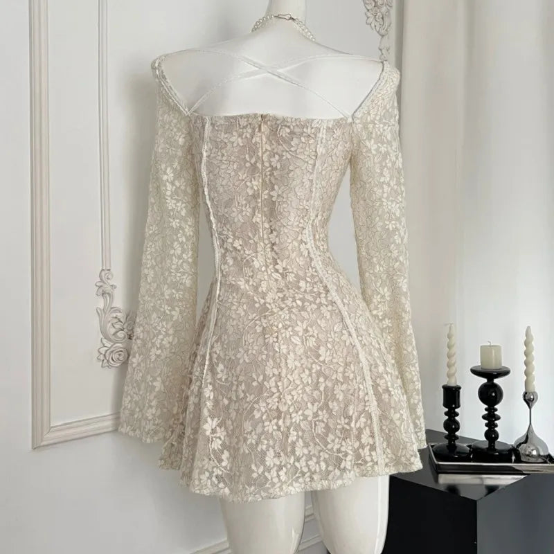 KYLETHOMASW  -    Sexy Lace Mini Dresses for Women Square Collar Flare Sleeve Slim Waist A-line Evening Party Dress Wedding Prom Short Vestidos