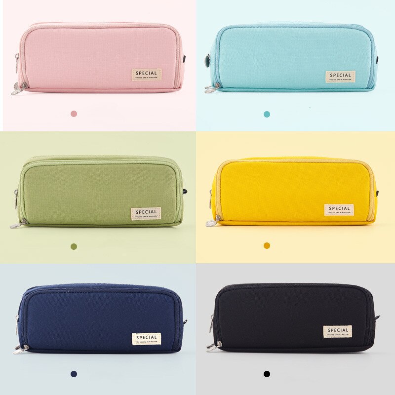 Large capacity canvas pencil case Three-layer solid color pencil bag School supplies storage bag Student stationery bag pen case