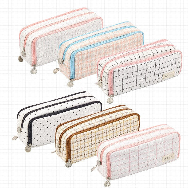 Large capacity canvas pencil case Three-layer solid color pencil bag School supplies storage bag Student stationery bag pen case