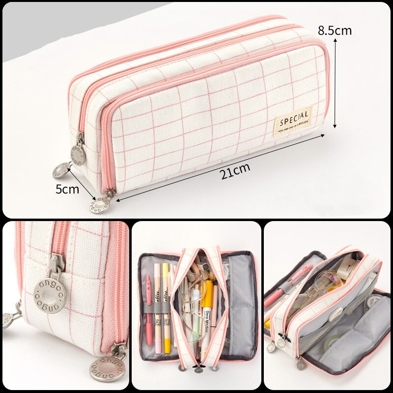 Large capacity canvas pencil case Three-layer solid color pencil bag School supplies storage bag Student stationery bag pen case