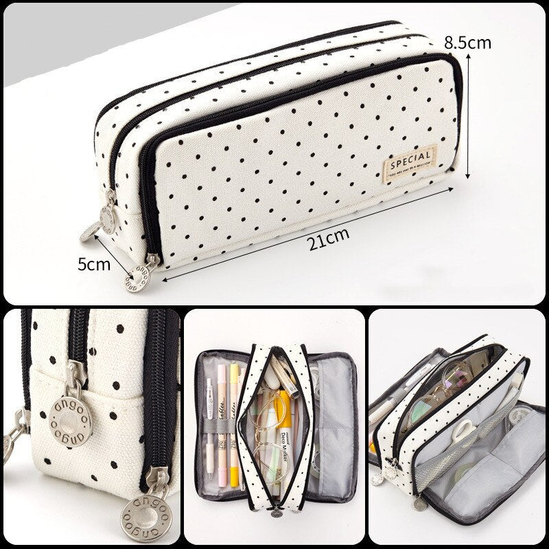 Large capacity canvas pencil case Three-layer solid color pencil bag School supplies storage bag Student stationery bag pen case