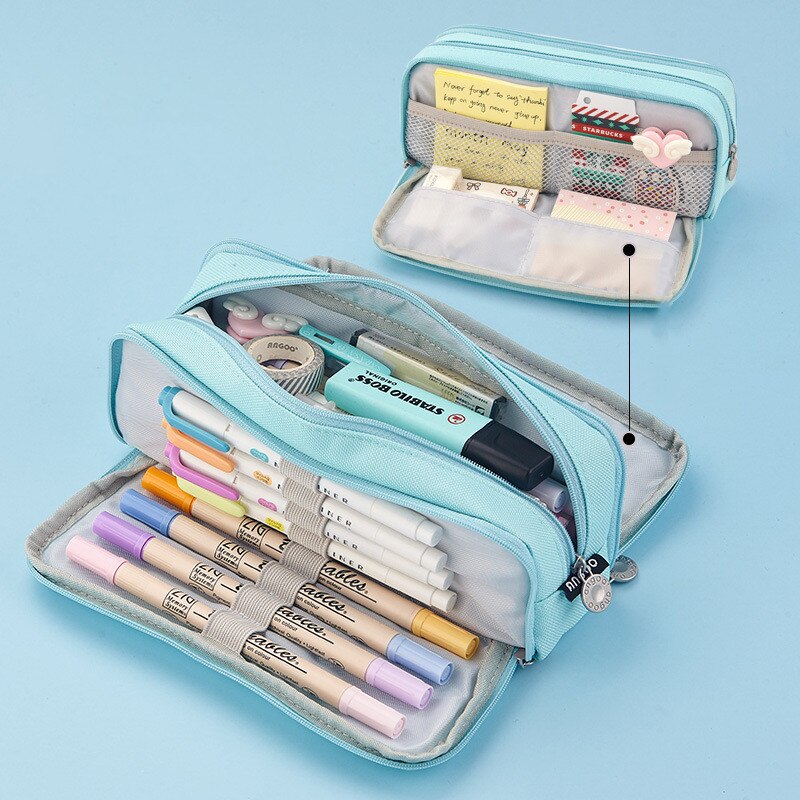Large capacity canvas pencil case Three-layer solid color pencil bag School supplies storage bag Student stationery bag pen case