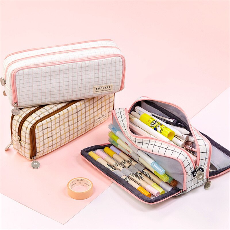Large capacity canvas pencil case Three-layer solid color pencil bag School supplies storage bag Student stationery bag pen case