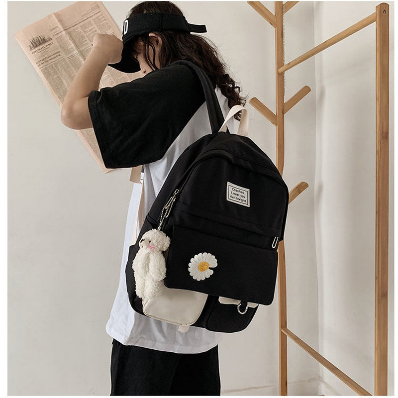 Kylethomasw  Girls School Bags for Teenagers Student Backpack Women Nylon Soft Patchwork Bookbag Teen Panelled Flowers Casual Schoolbag Black