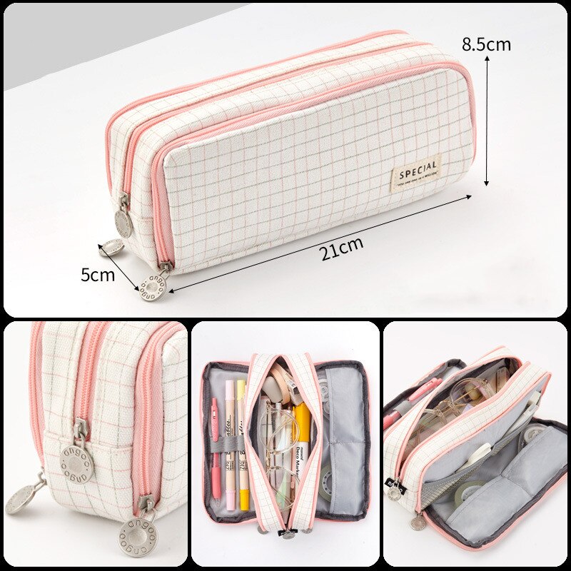 Large capacity canvas pencil case Three-layer solid color pencil bag School supplies storage bag Student stationery bag pen case