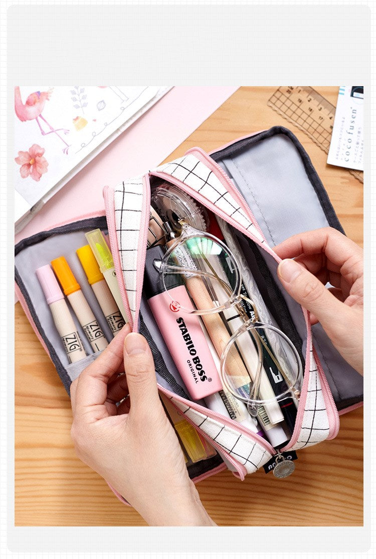 Large capacity canvas pencil case Three-layer solid color pencil bag School supplies storage bag Student stationery bag pen case