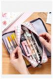 Large capacity canvas pencil case Three-layer solid color pencil bag School supplies storage bag Student stationery bag pen case