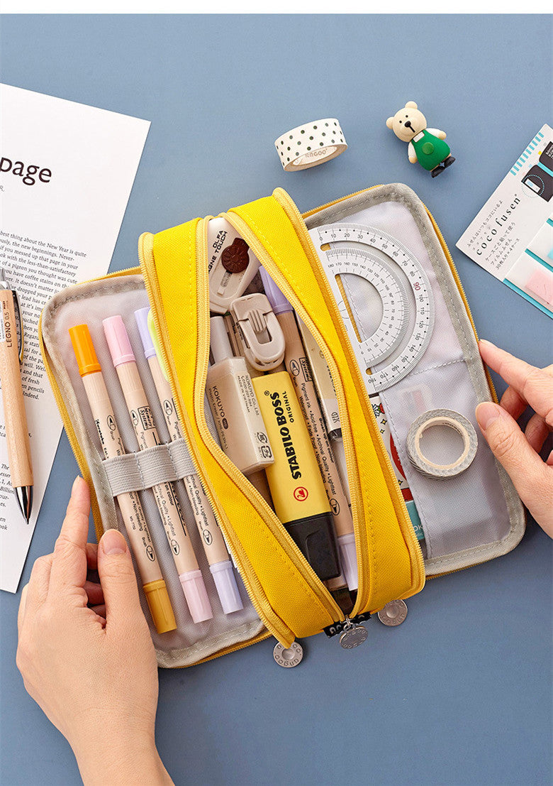 Large capacity canvas pencil case Three-layer solid color pencil bag School supplies storage bag Student stationery bag pen case
