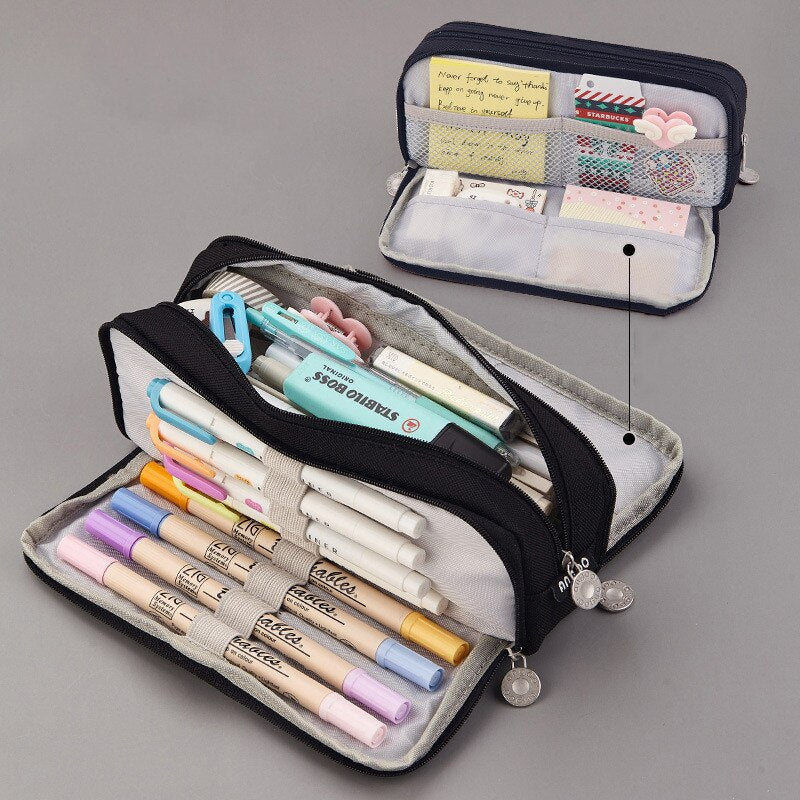 Large capacity canvas pencil case Three-layer solid color pencil bag School supplies storage bag Student stationery bag pen case