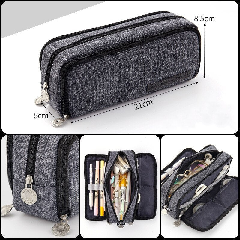 Large capacity canvas pencil case Three-layer solid color pencil bag School supplies storage bag Student stationery bag pen case