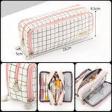 Large capacity canvas pencil case Three-layer solid color pencil bag School supplies storage bag Student stationery bag pen case