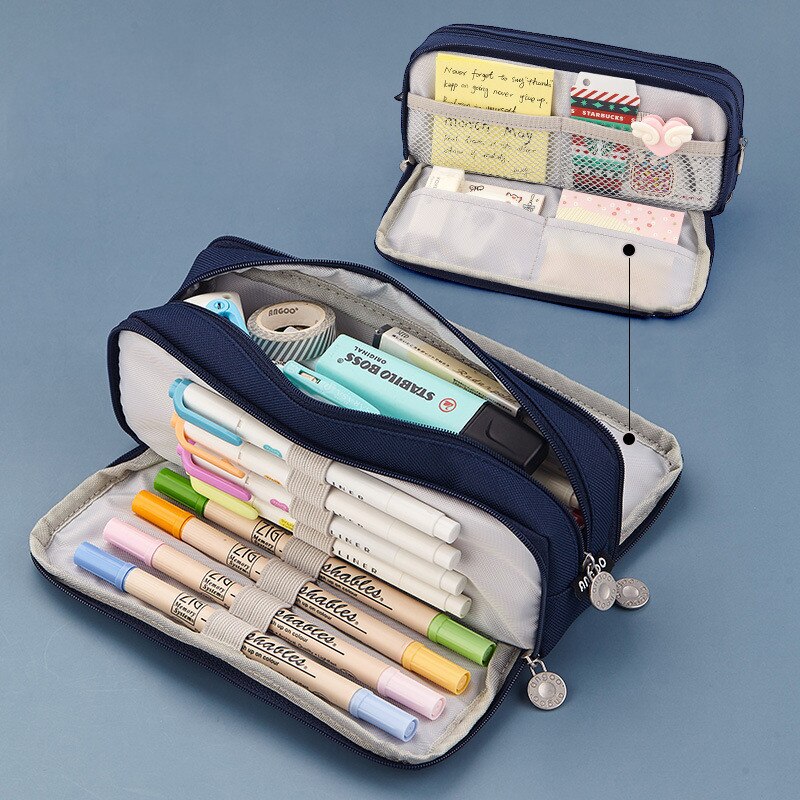 Large capacity canvas pencil case Three-layer solid color pencil bag School supplies storage bag Student stationery bag pen case