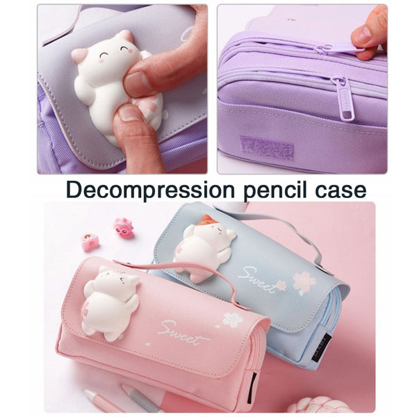 Cute Cat Decompression Pencil Case Big Pencil Box Portable Girls Pen Bag  Double Layer School Pouch