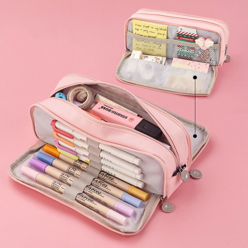 Large capacity canvas pencil case Three-layer solid color pencil bag School supplies storage bag Student stationery bag pen case