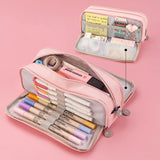 Large capacity canvas pencil case Three-layer solid color pencil bag School supplies storage bag Student stationery bag pen case