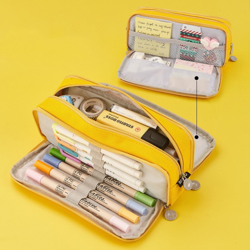 Large capacity canvas pencil case Three-layer solid color pencil bag School supplies storage bag Student stationery bag pen case