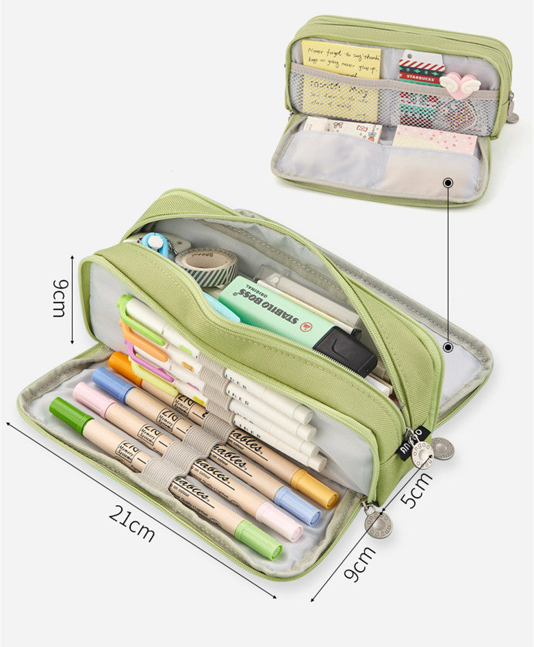 Large capacity canvas pencil case Three-layer solid color pencil bag School supplies storage bag Student stationery bag pen case