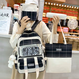 4 Pcs Women Backpack Kawaii Plaid School Bag Mochila Cute Book Schoolbag for Teenage Girl Travel Bagpack Large Capacity Rucksack