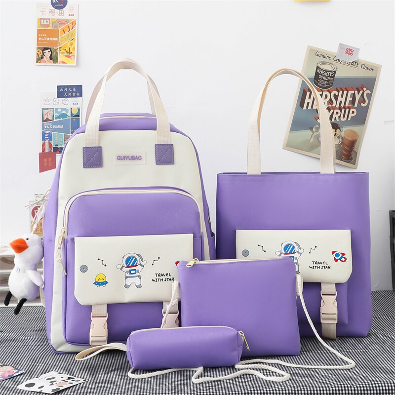 Kylethomasw 4 Pcs Women's Backpack Cartoon Print Cute Student School Bag For Teenage Girls Boys Waterproof Travel Rucksack Mochila 2022 New