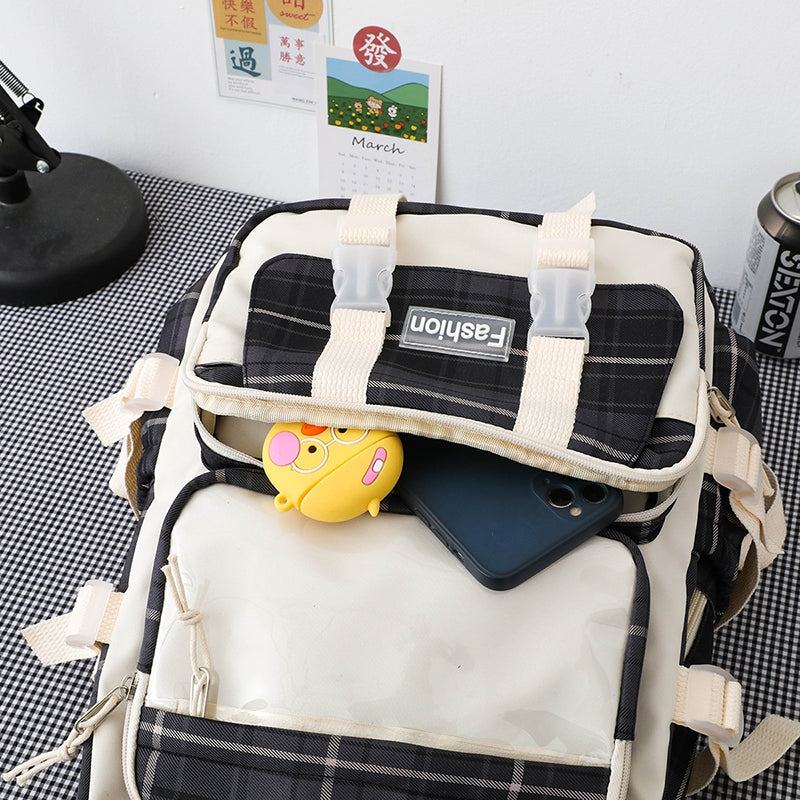 4 Pcs Women Backpack Kawaii Plaid School Bag Mochila Cute Book Schoolbag for Teenage Girl Travel Bagpack Large Capacity Rucksack