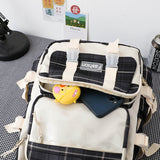 4 Pcs Women Backpack Kawaii Plaid School Bag Mochila Cute Book Schoolbag for Teenage Girl Travel Bagpack Large Capacity Rucksack