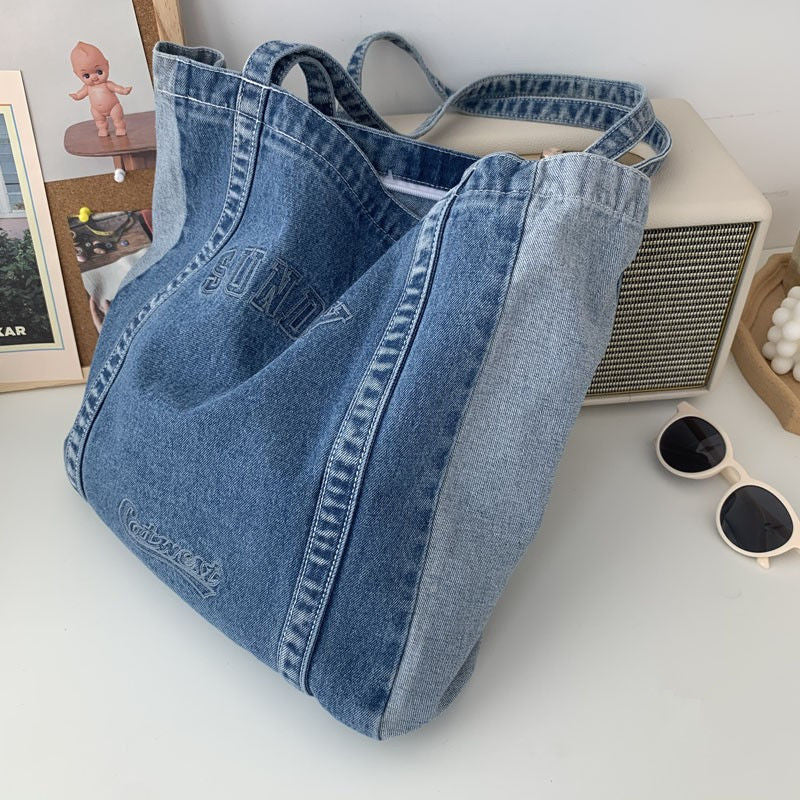 Kylethomasw  Denim Tote Bag Women Designer Handbag 2022  Girl Shopper Fashion Casual Embroidered Letters Large Capacity Schoolbag Shoulder Bag