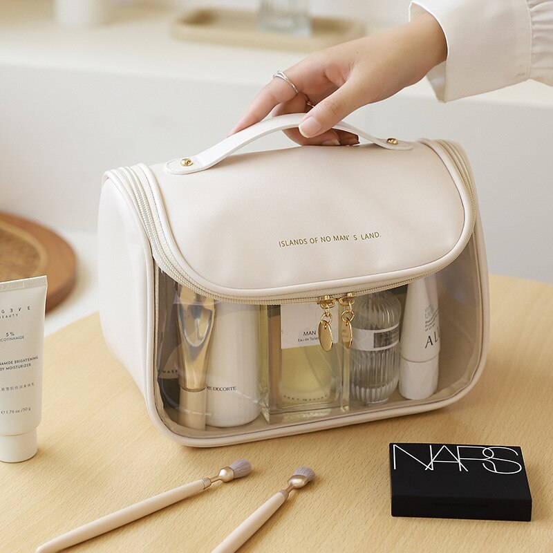 Kylethomasw New Makeup Bags Waterproof PU Leather Handbags Transparent Cosmetic Bag Women Elegant Tote Travel Cosmetic Organizer Bags