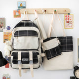 4 Pcs Women Backpack Kawaii Plaid School Bag Mochila Cute Book Schoolbag for Teenage Girl Travel Bagpack Large Capacity Rucksack