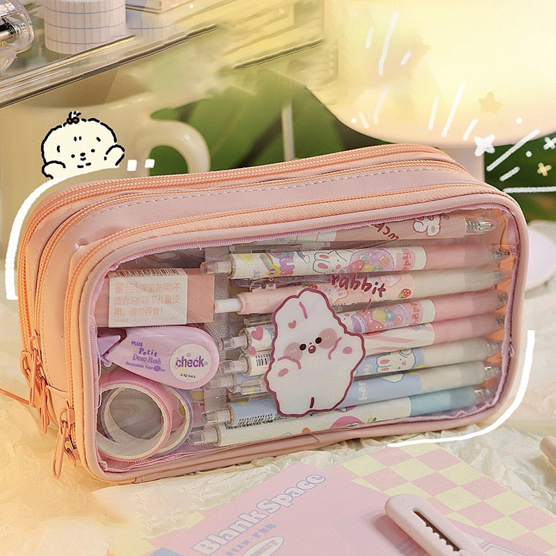 Kylethomasw Cute Pencil Bag Transparent PVC Student Cartoon Pencil Case Large Capacity Kawaii Bag Korean Stationery