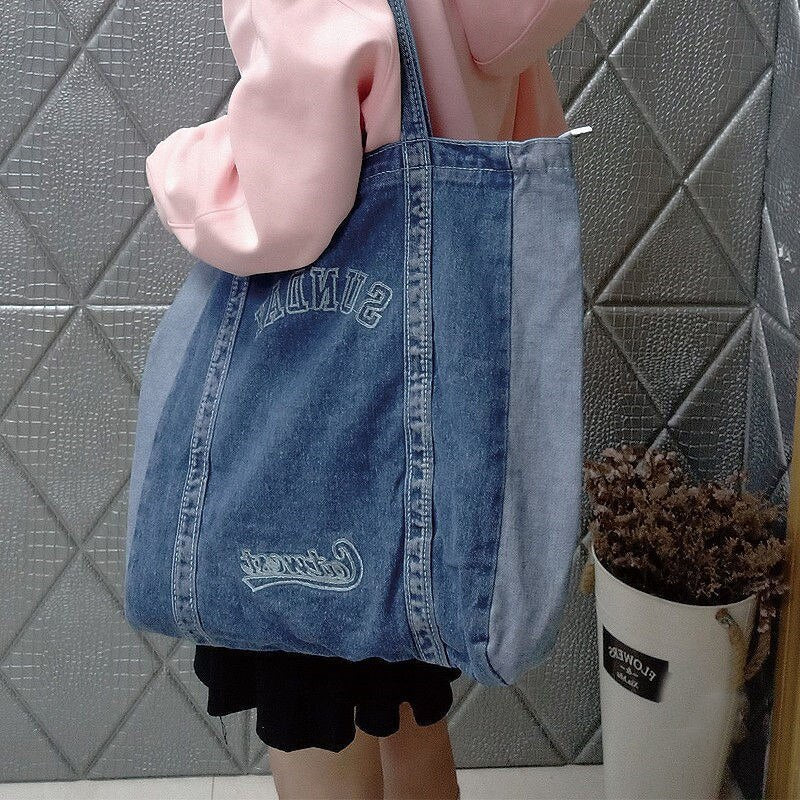 Kylethomasw  Denim Tote Bag Women Designer Handbag 2022  Girl Shopper Fashion Casual Embroidered Letters Large Capacity Schoolbag Shoulder Bag