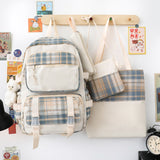 4 Pcs Women Backpack Kawaii Plaid School Bag Mochila Cute Book Schoolbag for Teenage Girl Travel Bagpack Large Capacity Rucksack