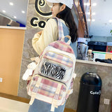 4 Pcs Women Backpack Kawaii Plaid School Bag Mochila Cute Book Schoolbag for Teenage Girl Travel Bagpack Large Capacity Rucksack
