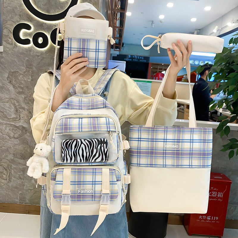 4 Pcs Women Backpack Kawaii Plaid School Bag Mochila Cute Book Schoolbag for Teenage Girl Travel Bagpack Large Capacity Rucksack