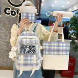 4 Pcs Women Backpack Kawaii Plaid School Bag Mochila Cute Book Schoolbag for Teenage Girl Travel Bagpack Large Capacity Rucksack