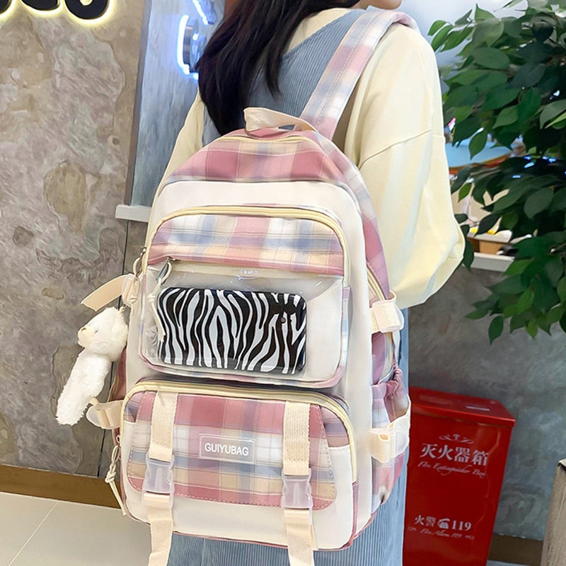 4 Pcs Women Backpack Kawaii Plaid School Bag Mochila Cute Book Schoolbag for Teenage Girl Travel Bagpack Large Capacity Rucksack