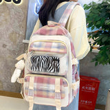 4 Pcs Women Backpack Kawaii Plaid School Bag Mochila Cute Book Schoolbag for Teenage Girl Travel Bagpack Large Capacity Rucksack