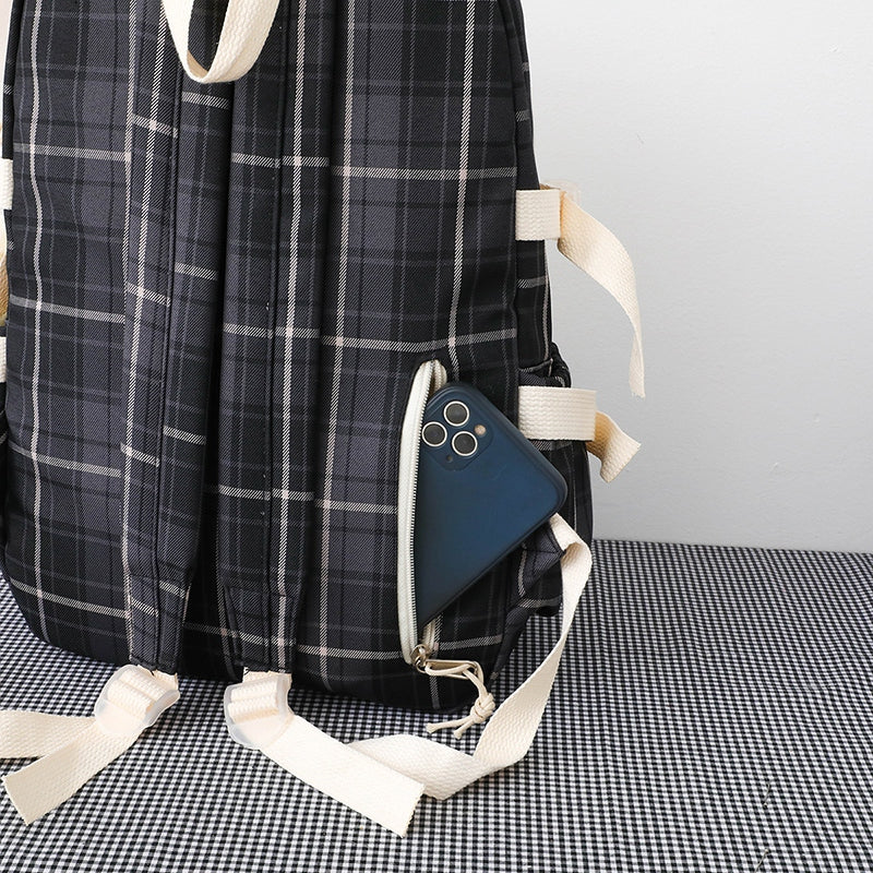 4 Pcs Women Backpack Kawaii Plaid School Bag Mochila Cute Book Schoolbag for Teenage Girl Travel Bagpack Large Capacity Rucksack