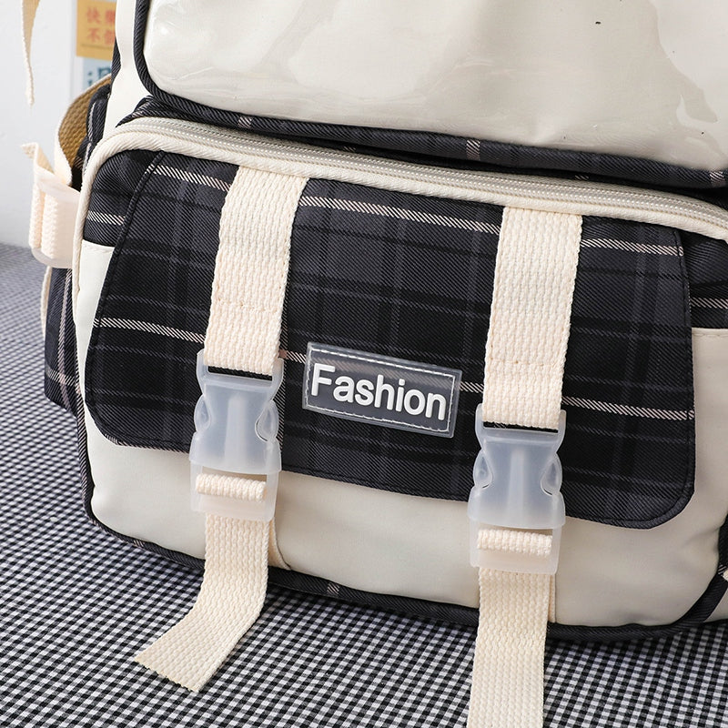 4 Pcs Women Backpack Kawaii Plaid School Bag Mochila Cute Book Schoolbag for Teenage Girl Travel Bagpack Large Capacity Rucksack