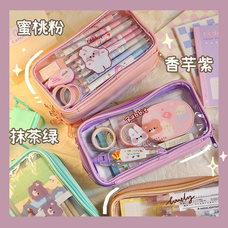 Kylethomasw Cute Pencil Bag Transparent PVC Student Cartoon Pencil Case Large Capacity Kawaii Bag Korean Stationery