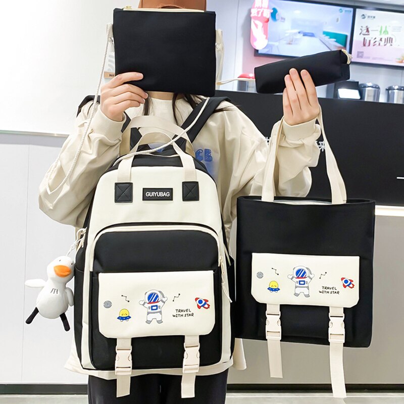 Kylethomasw 4 Pcs Women's Backpack Cartoon Print Cute Student School Bag For Teenage Girls Boys Waterproof Travel Rucksack Mochila 2022 New