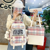 4 Pcs Women Backpack Kawaii Plaid School Bag Mochila Cute Book Schoolbag for Teenage Girl Travel Bagpack Large Capacity Rucksack