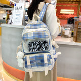 4 Pcs Women Backpack Kawaii Plaid School Bag Mochila Cute Book Schoolbag for Teenage Girl Travel Bagpack Large Capacity Rucksack