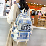 4 Pcs Women Backpack Kawaii Plaid School Bag Mochila Cute Book Schoolbag for Teenage Girl Travel Bagpack Large Capacity Rucksack