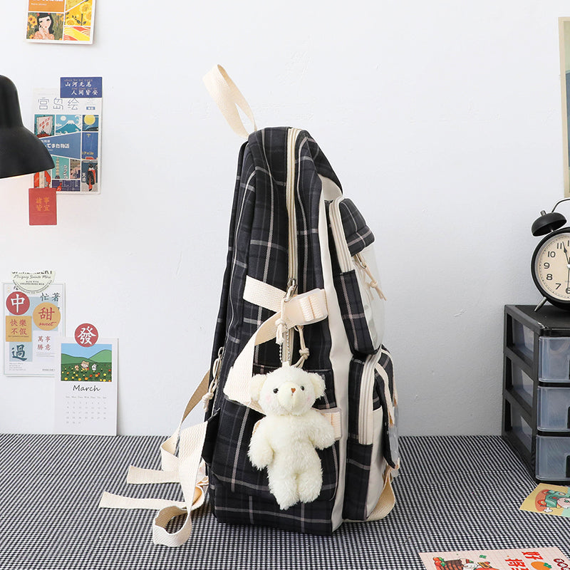 4 Pcs Women Backpack Kawaii Plaid School Bag Mochila Cute Book Schoolbag for Teenage Girl Travel Bagpack Large Capacity Rucksack