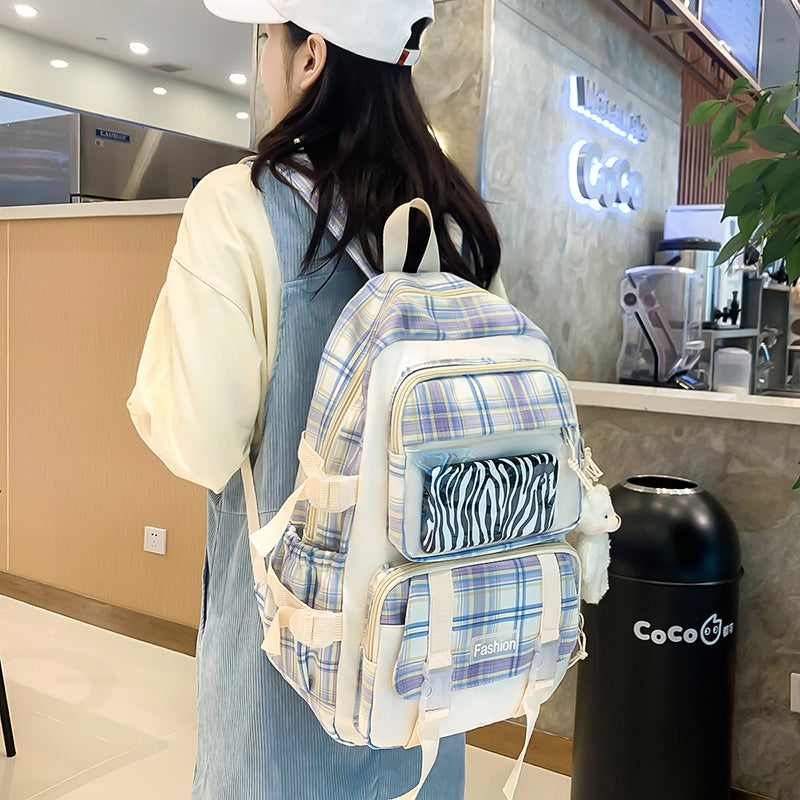 4 Pcs Women Backpack Kawaii Plaid School Bag Mochila Cute Book Schoolbag for Teenage Girl Travel Bagpack Large Capacity Rucksack