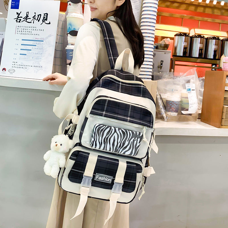 4 Pcs Women Backpack Kawaii Plaid School Bag Mochila Cute Book Schoolbag for Teenage Girl Travel Bagpack Large Capacity Rucksack