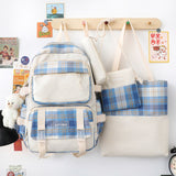 4 Pcs Women Backpack Kawaii Plaid School Bag Mochila Cute Book Schoolbag for Teenage Girl Travel Bagpack Large Capacity Rucksack
