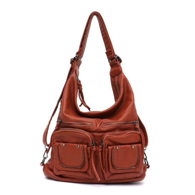 Kylethomasw Large Soft Casual Women Bags Functional Girl School Backpack PU Leather Bag Ladies Multi Pockets Messenger&Shoulder Bag