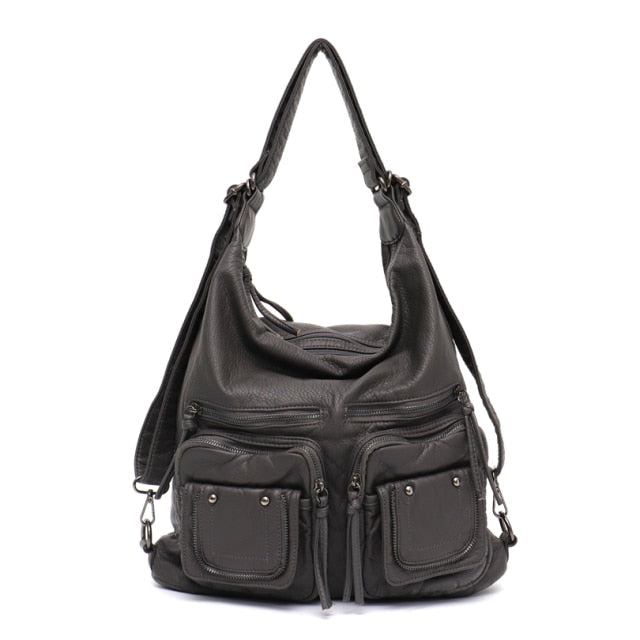 Kylethomasw Large Soft Casual Women Bags Functional Girl School Backpack PU Leather Bag Ladies Multi Pockets Messenger&Shoulder Bag